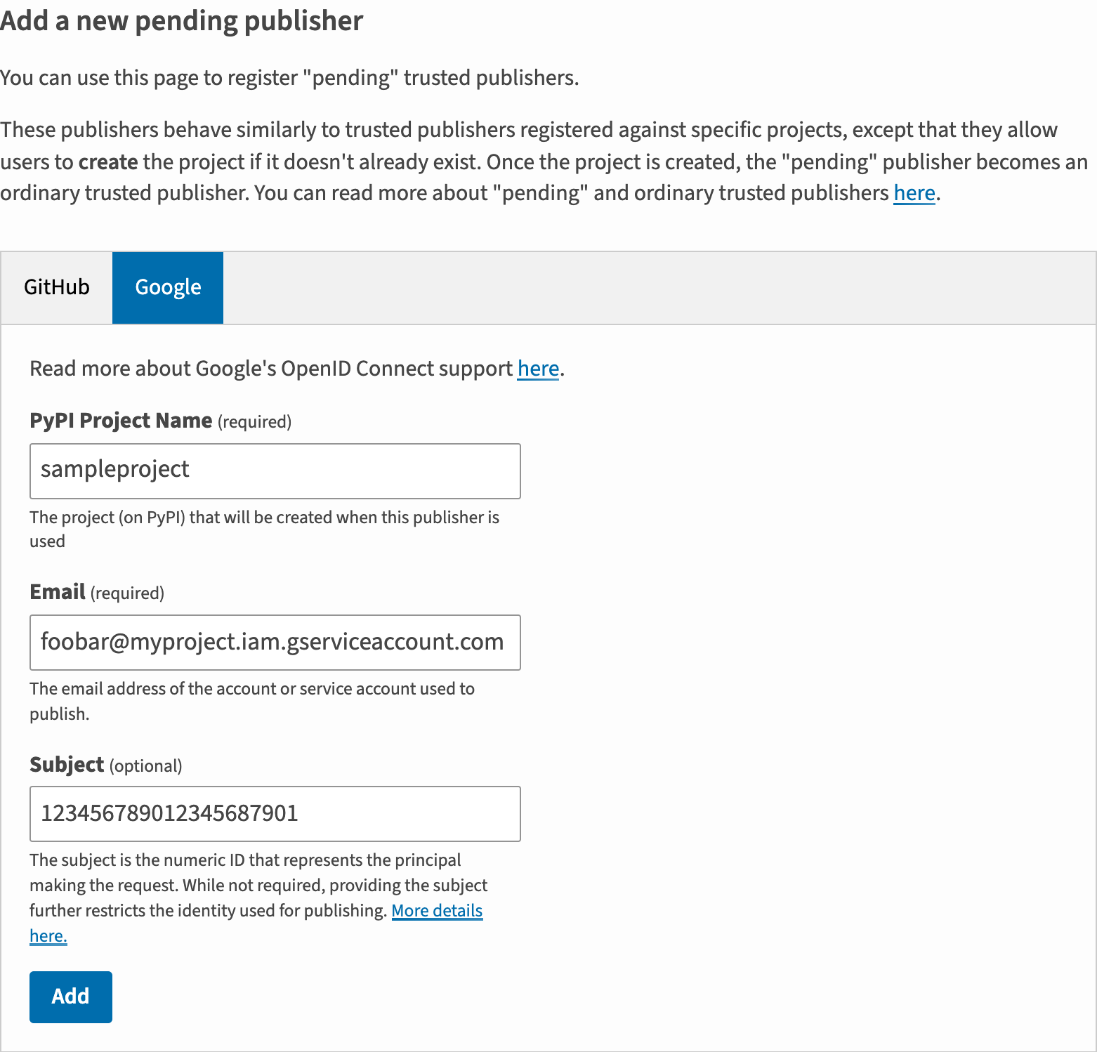 Image showing adding a new Google Cloud publisher