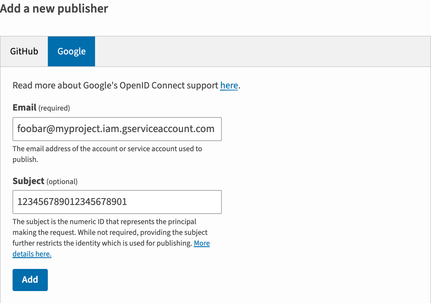 Image showing adding a new Google Cloud publisher